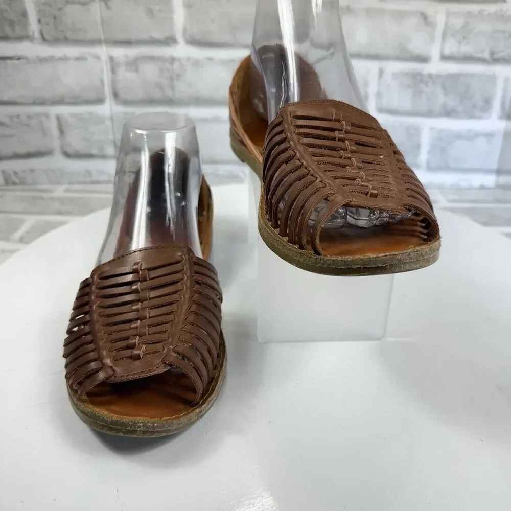 Classic Women's Size 8 Brown Leather Huarache Flats Comfort Open Toe Sandals